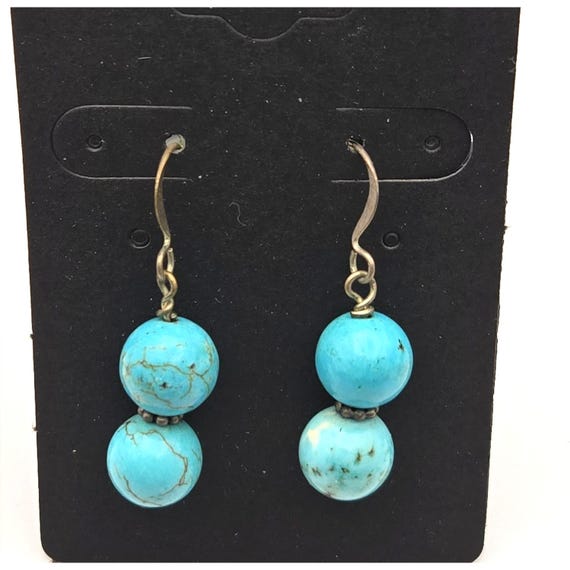 Vintage Brass & Turquoise Bead Dangle Earrings 3/8 Bead