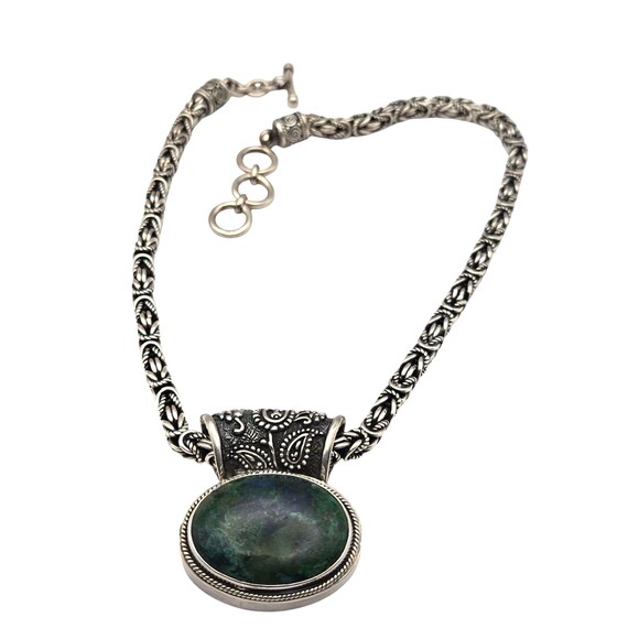 Lori Bonn Sterling Silver Pendant Necklace W/ Chrysocolla Oval Green Stone & Intricate Chain Design 17 "