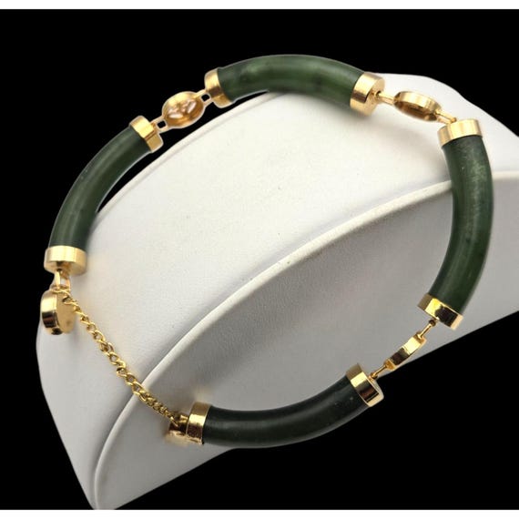 Vtg Gold Tone Jade Link Bracelet Asian Style Motif & Accents Size 7 Tubular Width 1/4" Elegant Design