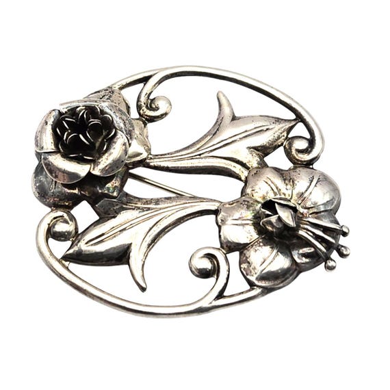 Vtg Lang Sterling Silver Floral Brooch Pin With Intricate Rose & Lily Design