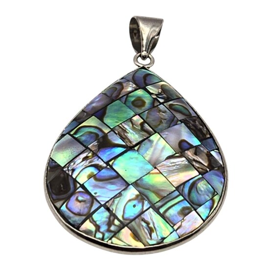 Abalone Shell & Silver Teardrop Pendant 2 " X 1 1/4 " Teardrop