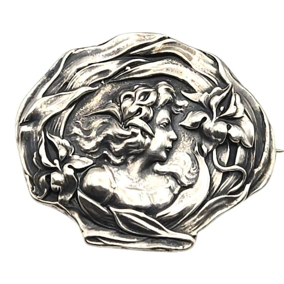 Vtg. Unger Brothers Sterling Silver Art Nouveau Brooch With Floral Motif & Womans Profile Signed Authentic Jewelry Piece