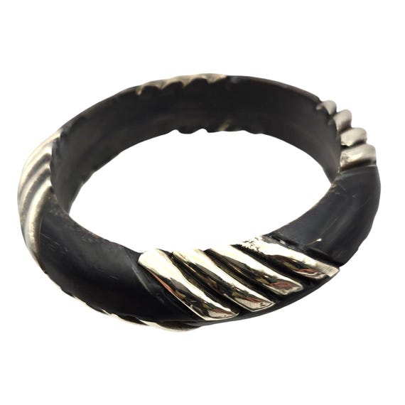 Vintage Sterling Silver & Black Horn Bangle Bracelet