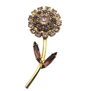 Vintage Gold Tone Rhinestone Flower Brooch Pin With Purple & Clear Stones 2 1/4 &quot; X 1 &quot;