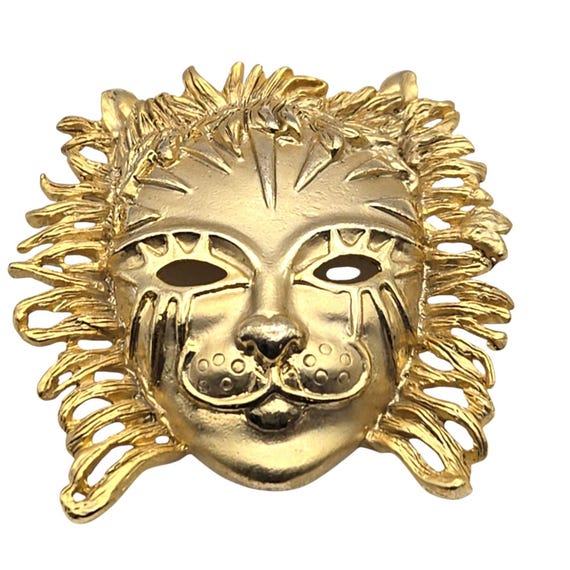 Vtg AJC Gold Tone Lion Mask Brooch / Pin With Detailed Mane Design