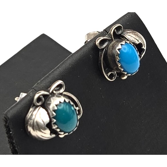 Vtg Native American Navajo Stud Earrings W/ Turquoise Cabochon Sterling Silver 1/2" X 1/2" Boho Jewelry