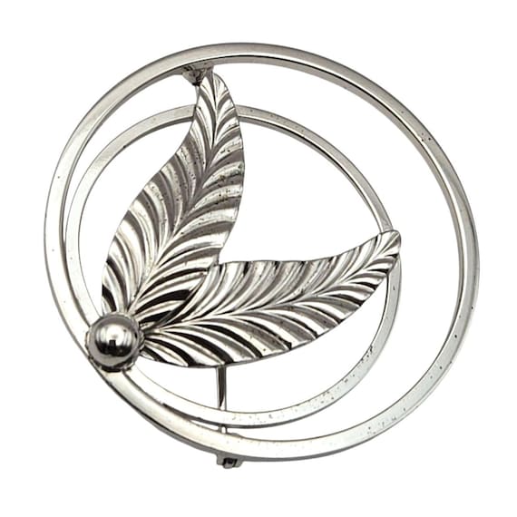 Vtg Van Dell Sterling Silver Brooch Pin MCM Circle Design Leaf Motif 1 3/8" Makers Mark Van Dell Sterling
