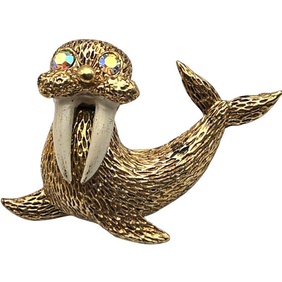 Vtg Goldtone Walrus Pin / Brooch W/ AB Rhinestone Eyes - Unique & Collectible Jewelry Piece 1 3/4 " x 1 1/4 "