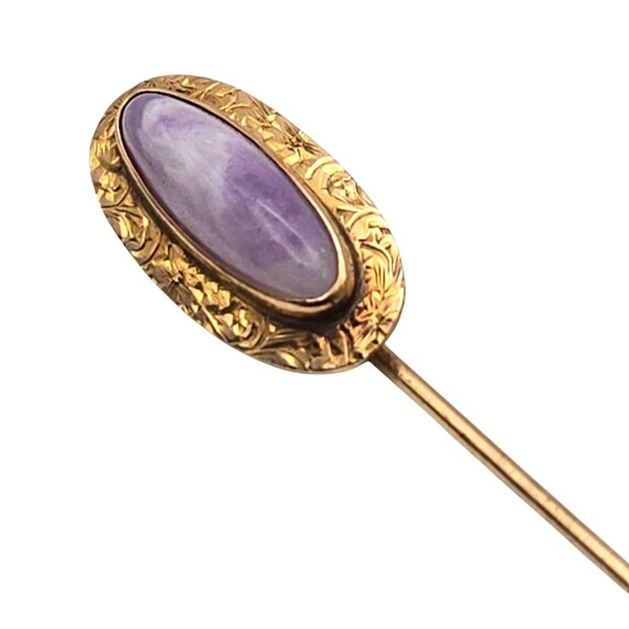 Vintage 10Kt Yellow Gold Purple Agate Stick Pin Art Nouveau Floral Design 2 1/2 " x 3/8 "