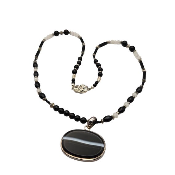 Vintage Sterling Silver Black Agate Pendant Necklace With Black Onyx & Quartz Crystal Beads 13 " Gift