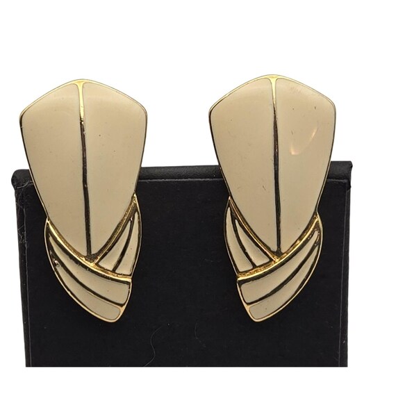 Vintage Trifari Cream Enamel Clip-On Earrings Mid-Century Modern Style