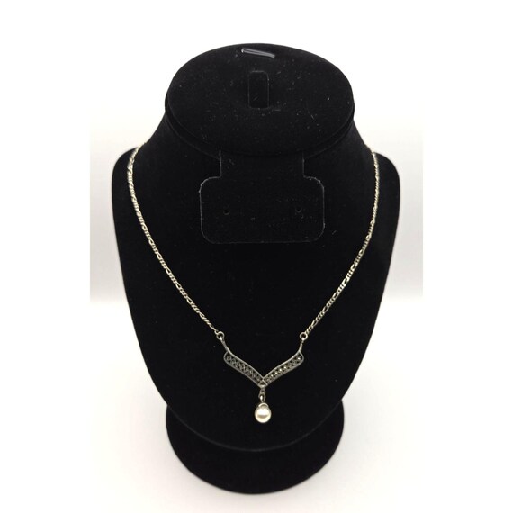 Vintage Sterling Silver Necklace With Marcasite & Faux Pearl Pendant GIFT