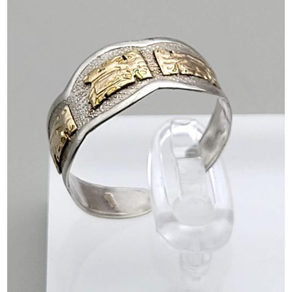 Vintage Sterling Silver & 18 Kt. Gold Inca Design Ring