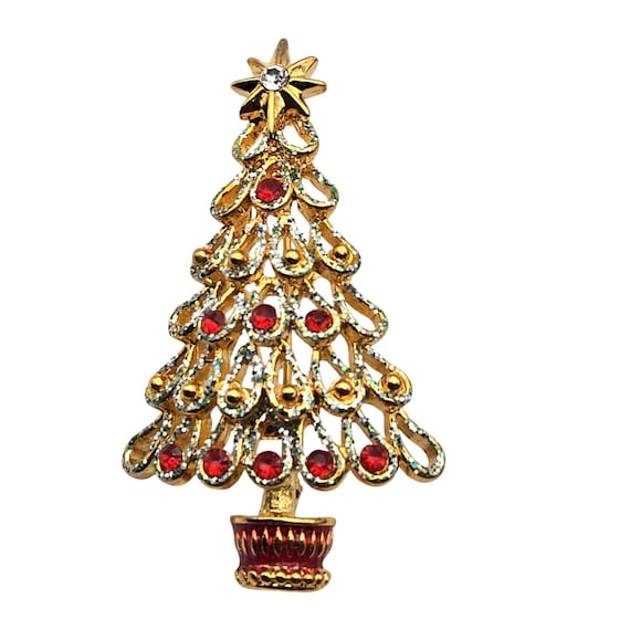 Vtg. Christopher Radko Christmas Tree Brooch Pin With Red Rhinestones & Gold Tone Enamel Finish