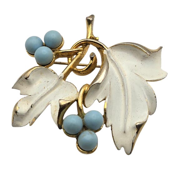 Vintage Sarah Coventry Enamel Leaf Brooch With Faux Turquoise Berries 2 " x 2 "