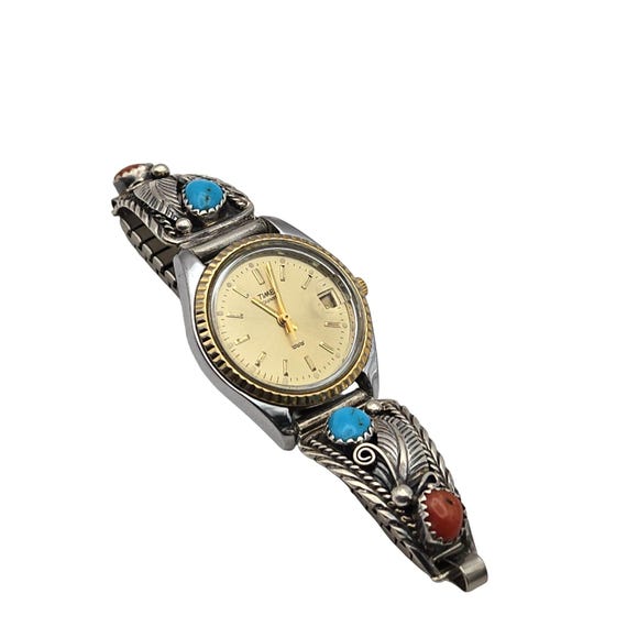 Vintage Timex Ladies Quartz Watch With Sterling Silver Native American Turquoise & Coral Band