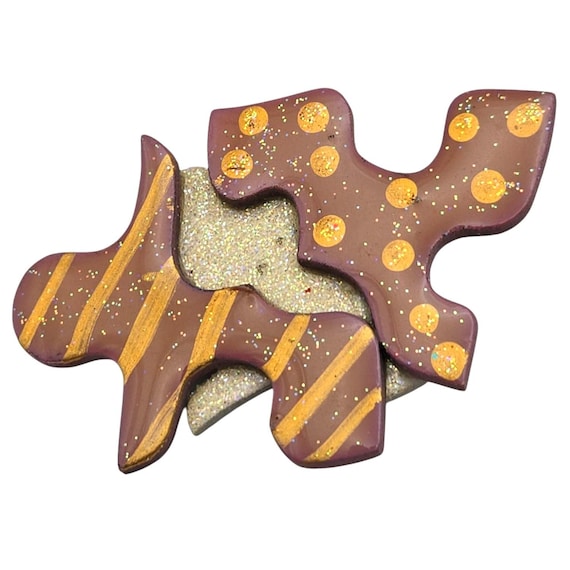 Handmade Brown & Gold Puzzle Piece Brooch Pin With Glitter Accents