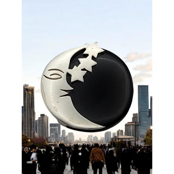 Sterling Silver & Onyx Moon With Stars Brooch Pin