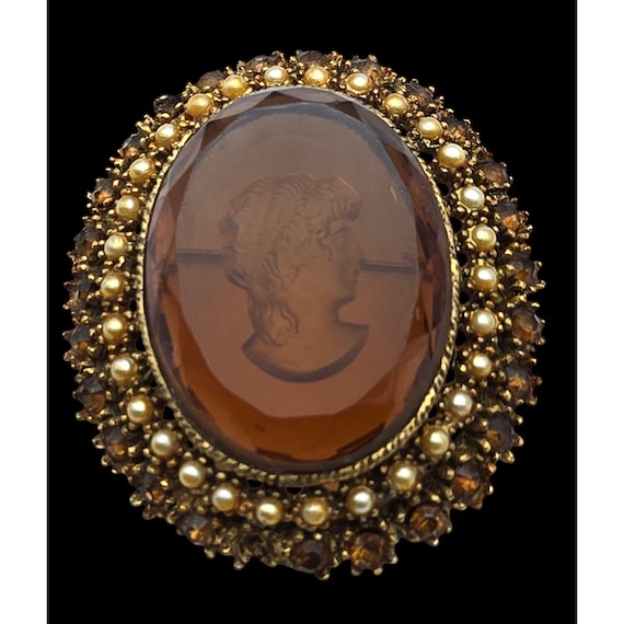 Vintage Victorian Cameo Brooch Pin With Amber Glass & Faux Pearls