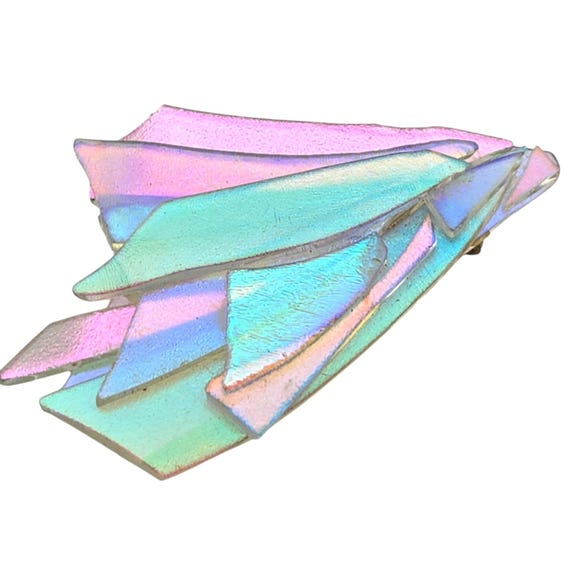 Iridescent Vintage Wing-Shaped Art Glass Brooch With Metal Pin Back