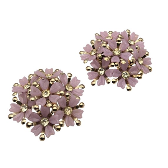 Vintage Floral Pink Beaded Clip-On Earrings with Rhinestones