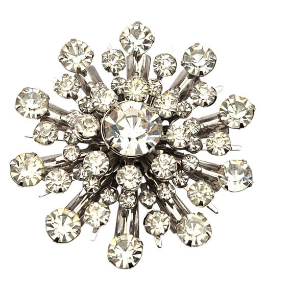 Vtg Silver Toned Starburst Rhinestone Brooch Pin 1 3/4" Wide 5/8" Dome Rise Elegant Wedding Jewelry