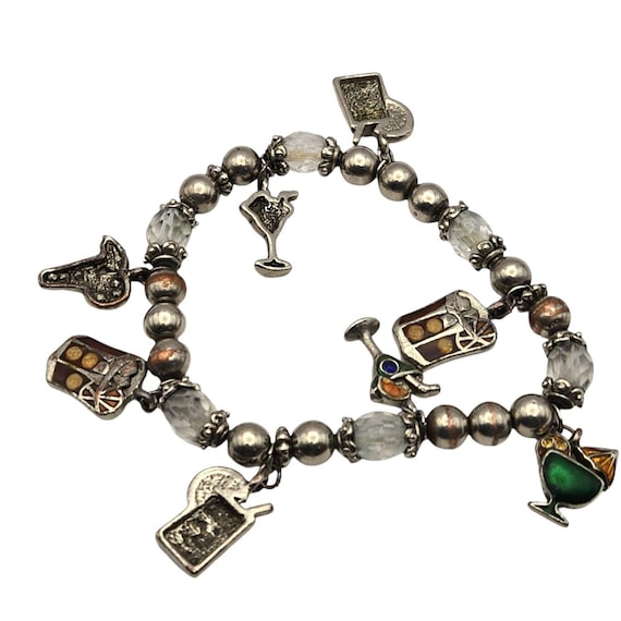 Vintage Cocktail Drink Charm Bracelet With Beaded Accents 6.5"