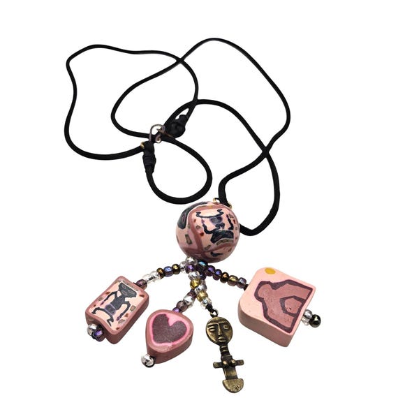 Vintage Handcrafted Aztec Style Pendant Necklace With Silk Cord & Unique Beads