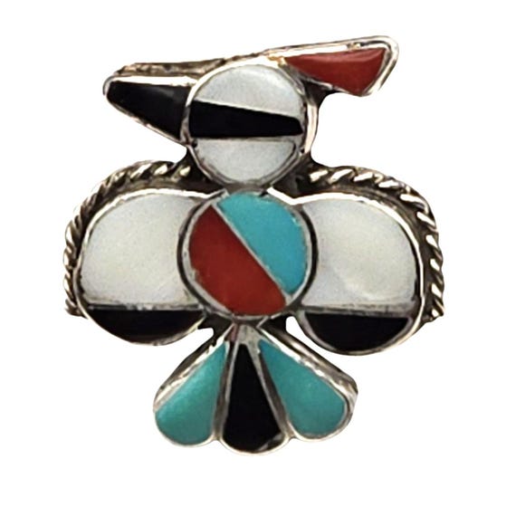 Vtg Sterling Silver Zuni Lapel Pin Tie Tack With Turquoise Black Onyx Coral & Mother Of Pearl Inlay