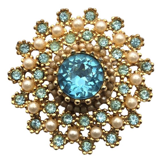 Vintage Rhinestone & Pearl Gold Tone Floral Pendant Brooch 1 1/2 "