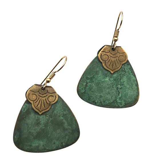 Vintage Bronze Patina Dangle Earrings With Engraved Fan Design