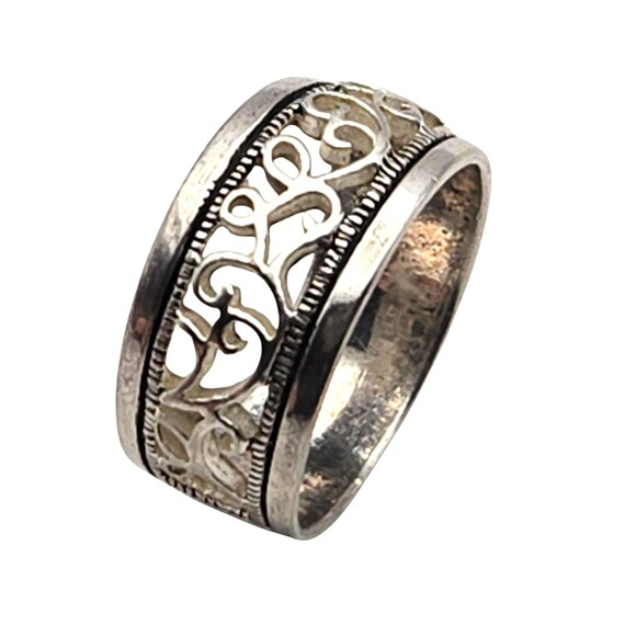 Reticulated Sterling Silver Band Ring With Ornate Floral Motif 3/8" Wide Size 8