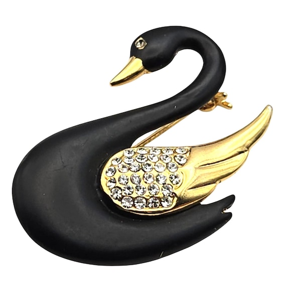 Black & Gold Swan Brooch Pin With Rhinestones 1 1/2 " X 1 3/4 "