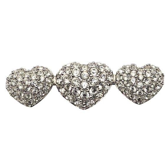 Vtg Swarovski Triple Heart Brooch Pin W/ Sparkling Clear Crystal Stones 2 " x 5/8 "