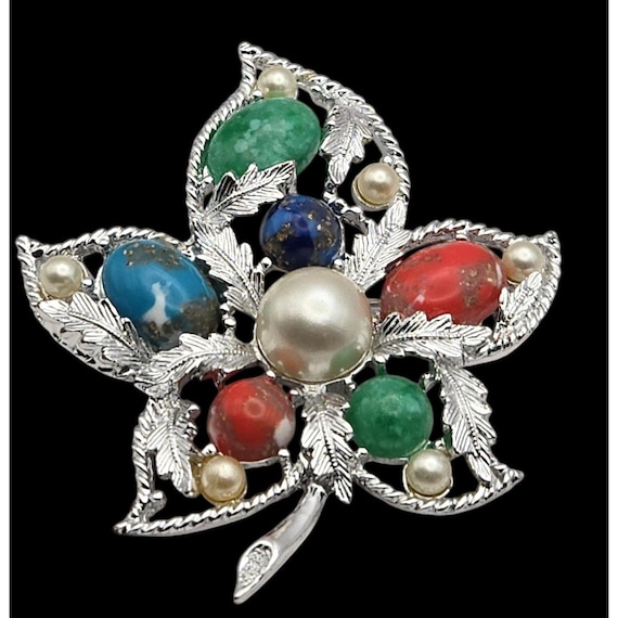 Sarah Coventry Vintage Leaf Brooch With Multicolor Cabochons & Faux Pearls