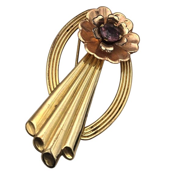Vtg Harry Iskin 12 Kt Gold Filled Brooch With Purple Rhinestone Accent & MCM Geometric Design 2 1/4 " x 1 "