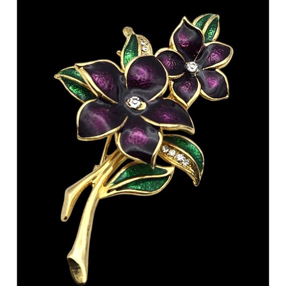 Vintage Gold Tone Floral Brooch With Guilloche Purple Enamel Flowers & Rhinestones