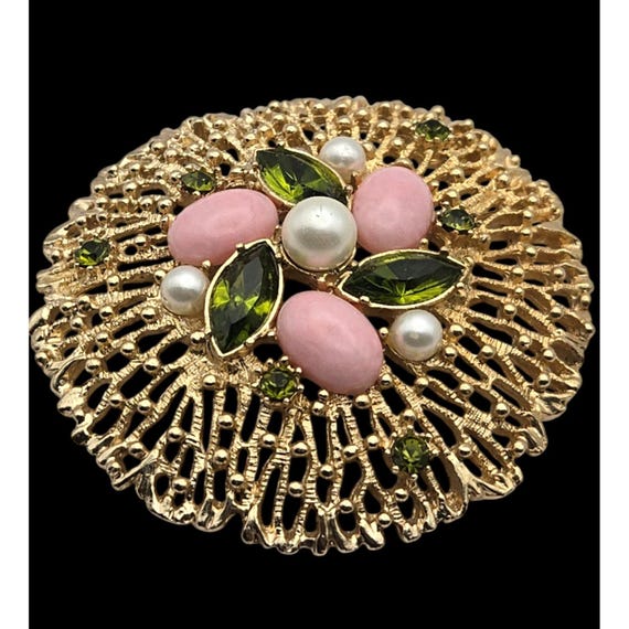Vintage Sarah Coventry Rhinestone & Faux Pearl Brooch Gold Tone