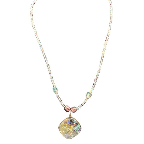 Vintage AB Crystal Beaded Necklace W/ Striking Art Glass Pendant 18 "