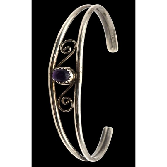 Vintage Sterling Silver Amethyst Cabochon Cuff Bracelet Navajo Petit Point Cabochon