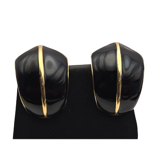 Vintage Trifari Black Enamel & Gold-Tone Clip-On Earrings