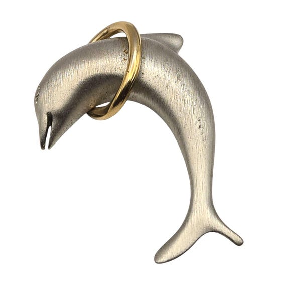 Vintage Brushed Metal Dolphin Pin With Gold Tone Hoop Accent Signed LR  Lady Remington  2 1/4 " x 1 1/2 "