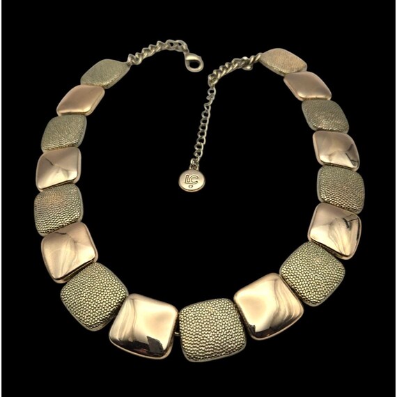 Vtg. Liz Claiborne Two Tone Choker Necklace Gold & Brushed Tone Square Links Adjustable Length 17 "