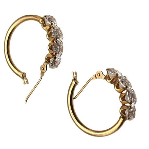 Vtg 14K Yellow Gold Hoop Earrings W/ Sparkling CZ Stones