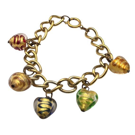 Vintage Murano Art Glass Heart Charm Gold-Tone Bracelet 7 1/2 "