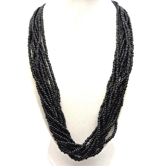 Vintage Trifari Multi-Strand Black Bead Necklace 23 " 10 Strands 1980's