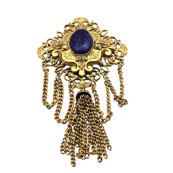 Vtg Art Nouveau Gold Tone Brooch With Blue Lapis Carved Cabochon & Chain Tassels 2 1/8 " x 4 "