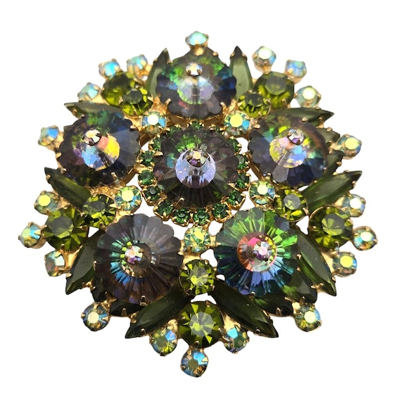 Vintage Juliana D & E Watermelon Vendome Brooch With Aurora Borealis Crystals / Green Rhinestones