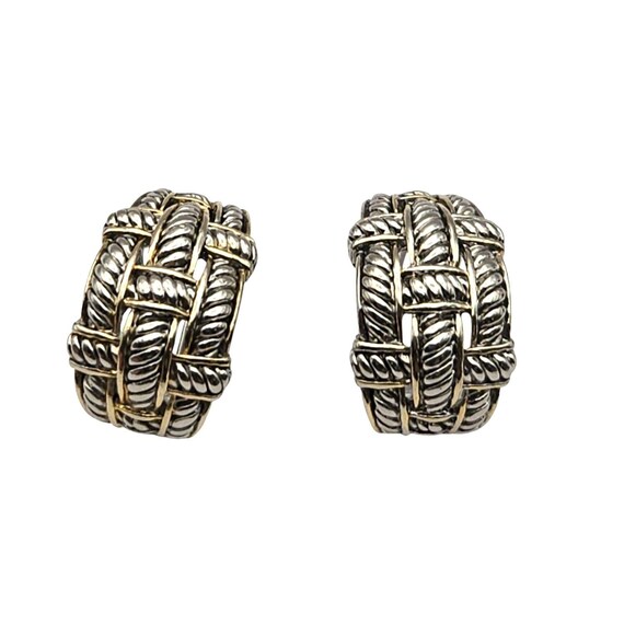 Vtg Silver -Gold Tone Basket Weave Clip On Earrings With Gold Accents 3/4 " x 1/2 "