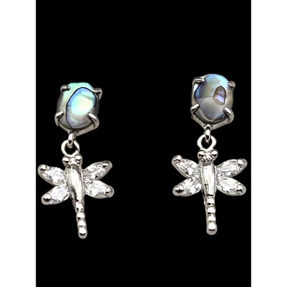 Vtg Sterling Silver Abalone & Crystal Teardrop Dragonfly Earrings Storrs 1 " x 3/8 " Nice Gift